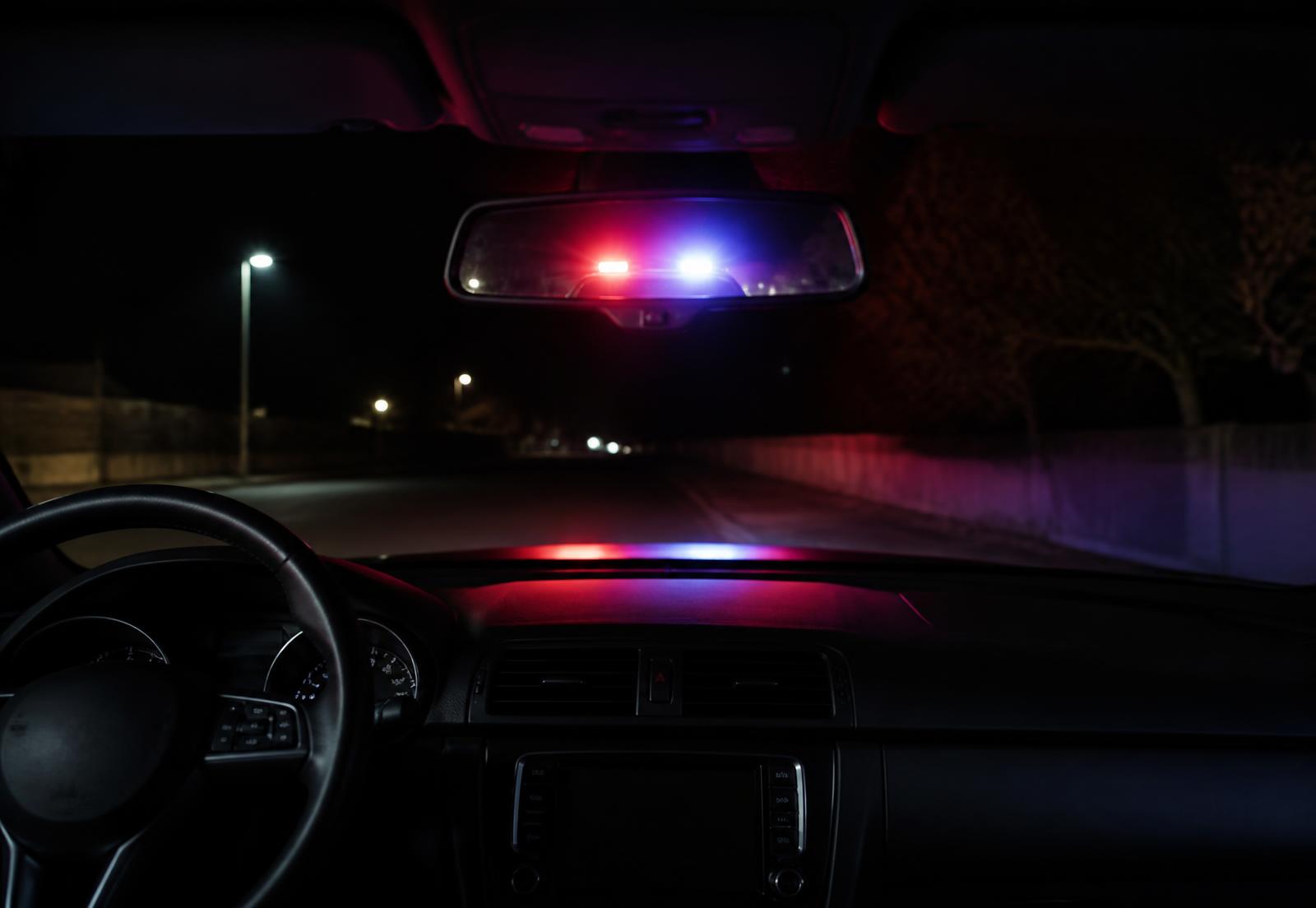 View through a windshield at night with police lights reflected in the rear-view mirror